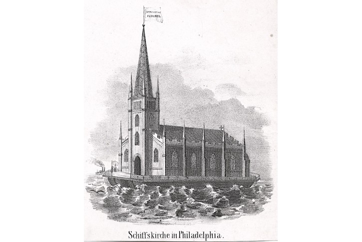 Philadelphia kostel na lodi, litografie, (1860)