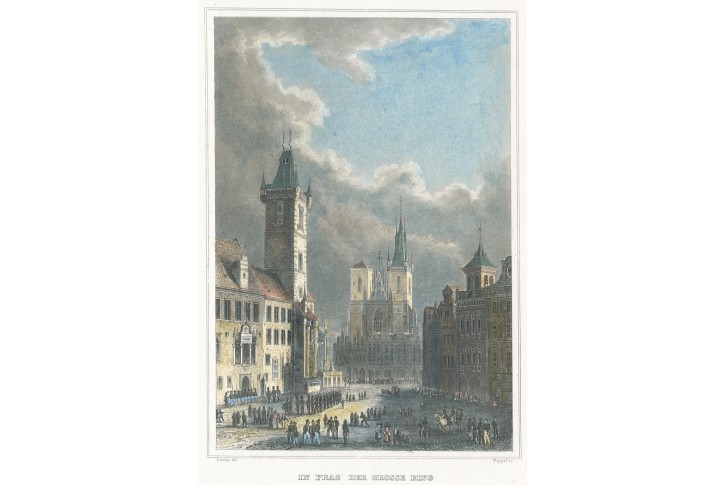 Praha Týnský chrám, Meyer, kolor. oceloryt, 1850