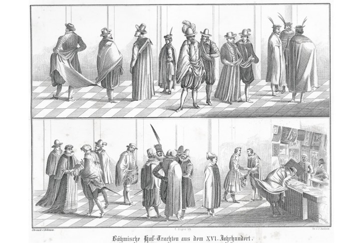 Čechy dvorská moda 16 stol., litografie, 1852