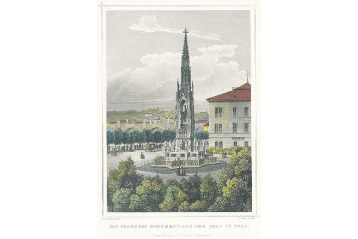 Praha pomník Františka I., kolor. oceloryt, 1841