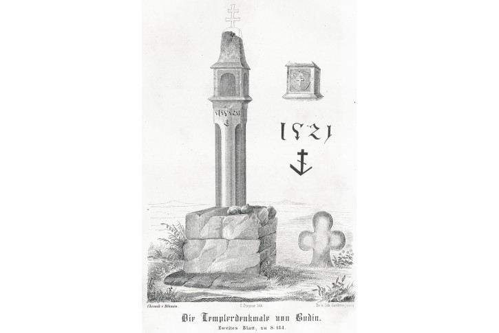 Budín templářský kříž, litografie, 1852