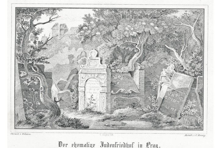 Praha židovský hřbitov, litografie, 1852