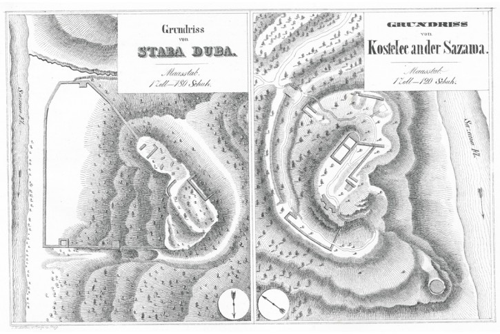 Stara Dubá , Zbořený kostelec, litografie, 1843