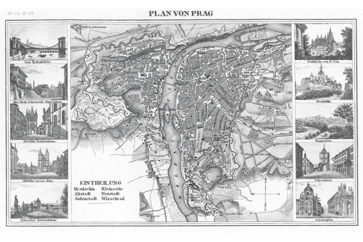 Praha plán, Meyer, oceloryt, 1850