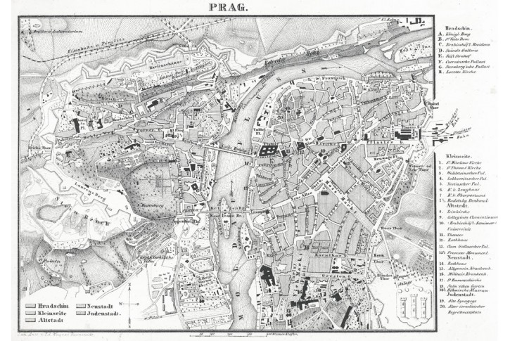 Praha plán, Wagner, litografie  1840