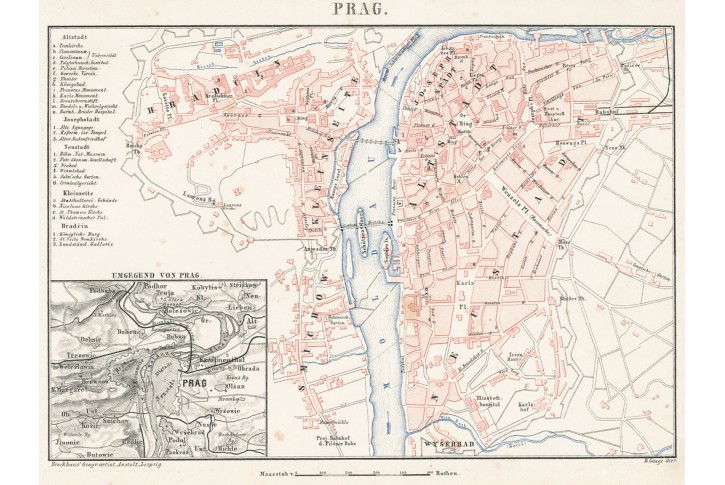 Praha plán, Brockhaus, chromolitografie, (1890)