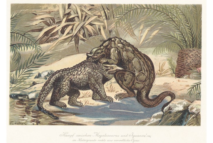 Megalosaurus a Iguanodon, chromolitografie, 1908